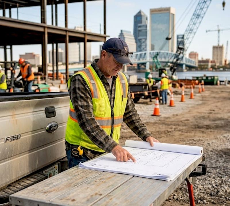 Site supervisor reviews blueprints at Jacksonville construction site