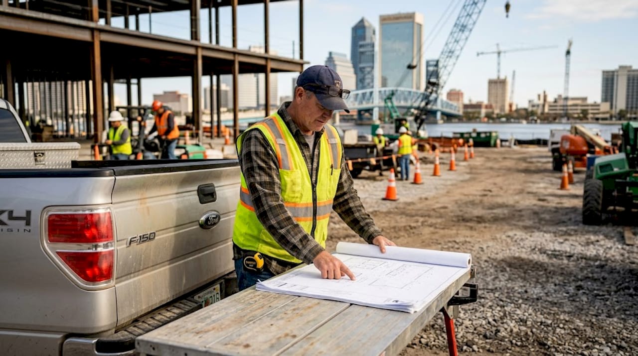 Site supervisor reviews blueprints at Jacksonville construction site