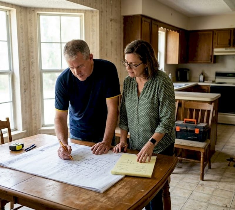 Homeowners reviewing renovation plans in living room
