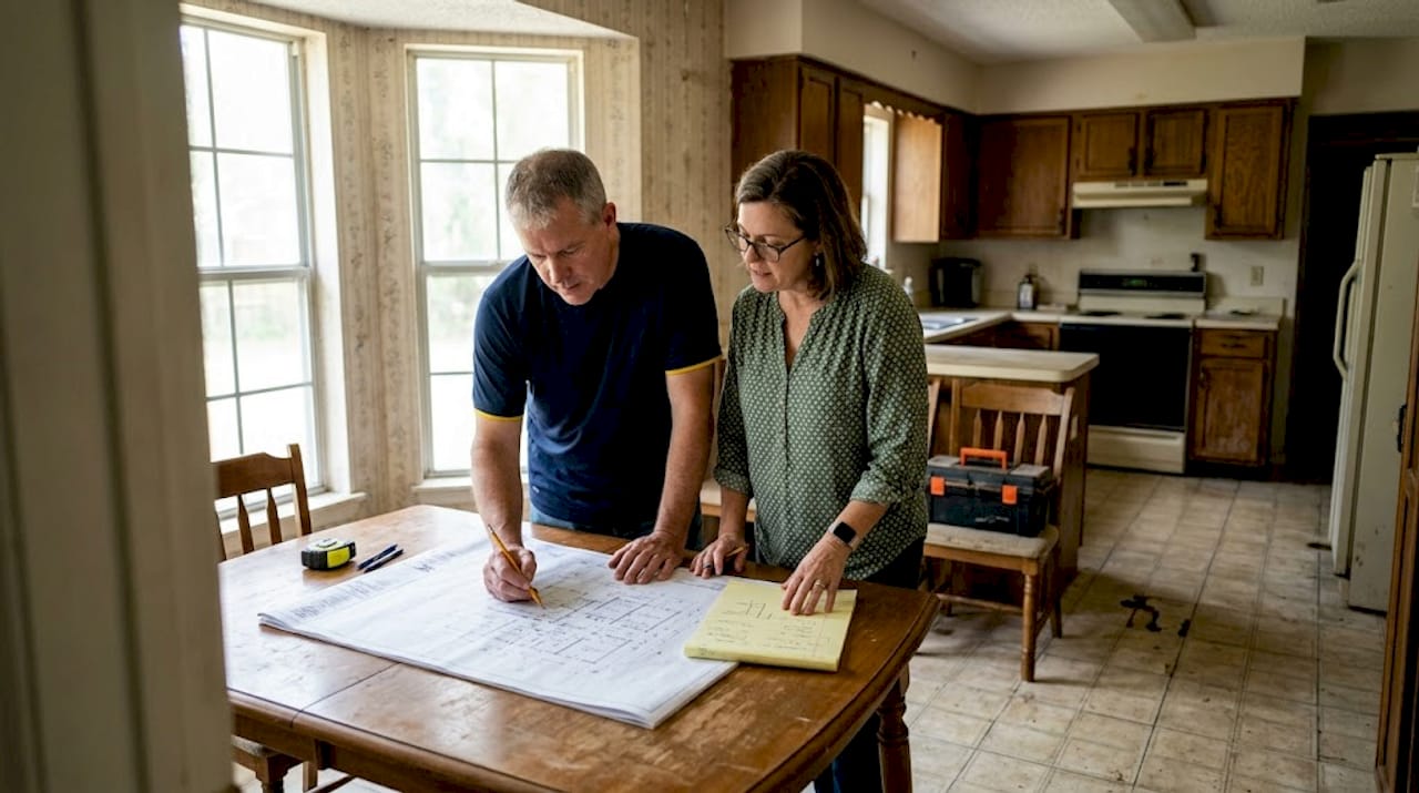 Homeowners reviewing renovation plans in living room