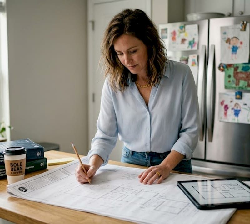 Architect reviews home blueprints in Jacksonville kitchen