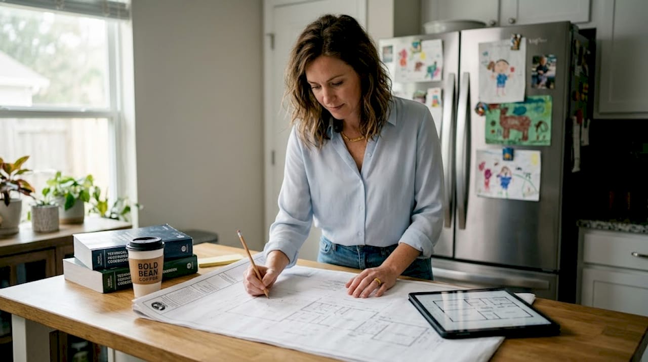 Architect reviews home blueprints in Jacksonville kitchen