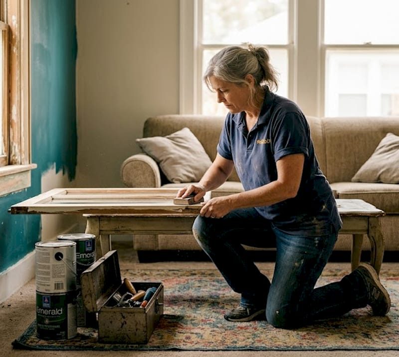 What is home renovation? Complete guide for Jacksonville homeowners Homeowner sanding window frame in living room