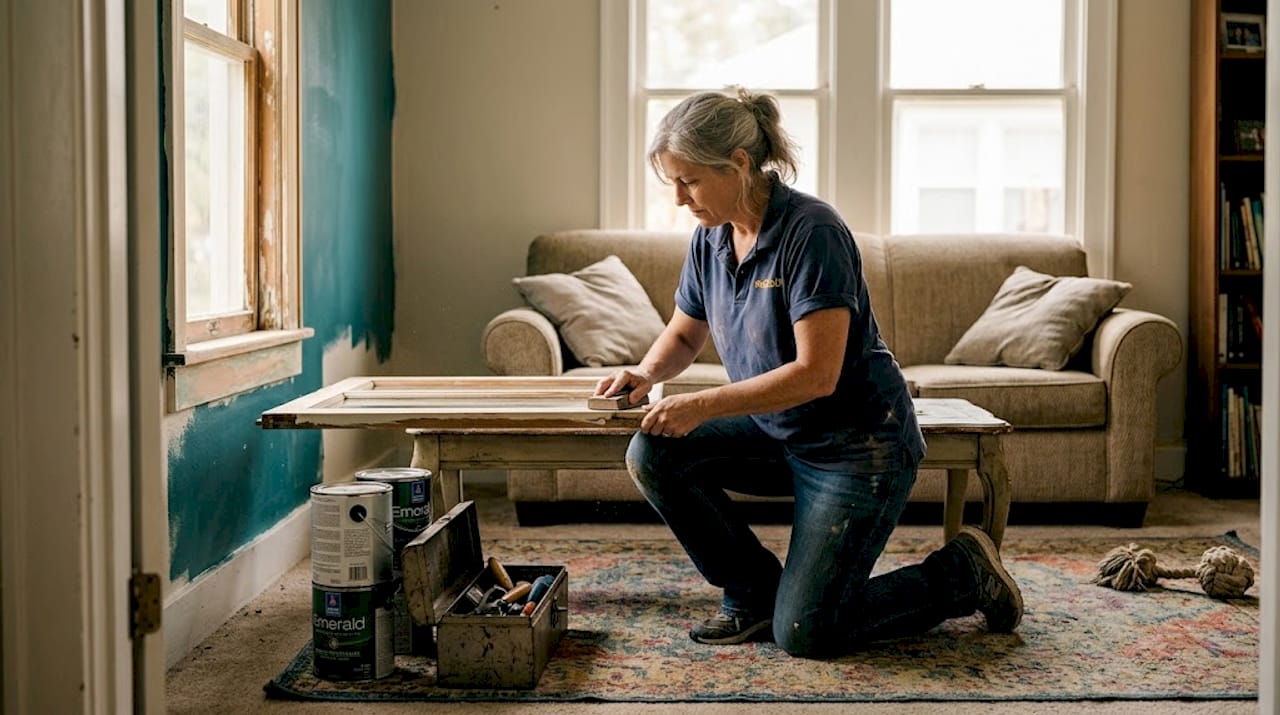 Homeowner sanding window frame in living room