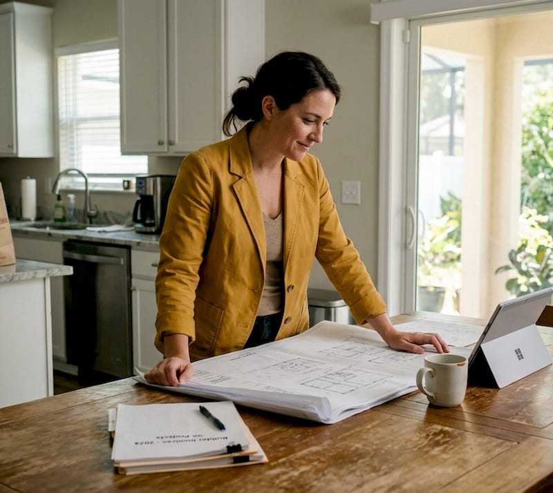 Project manager reviewing blueprints at kitchen table