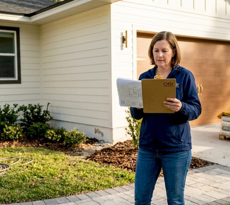Homeowner reviewing renovation plans outside