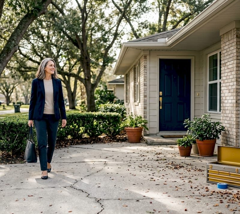 Homeowner walking to freshly renovated Jacksonville house