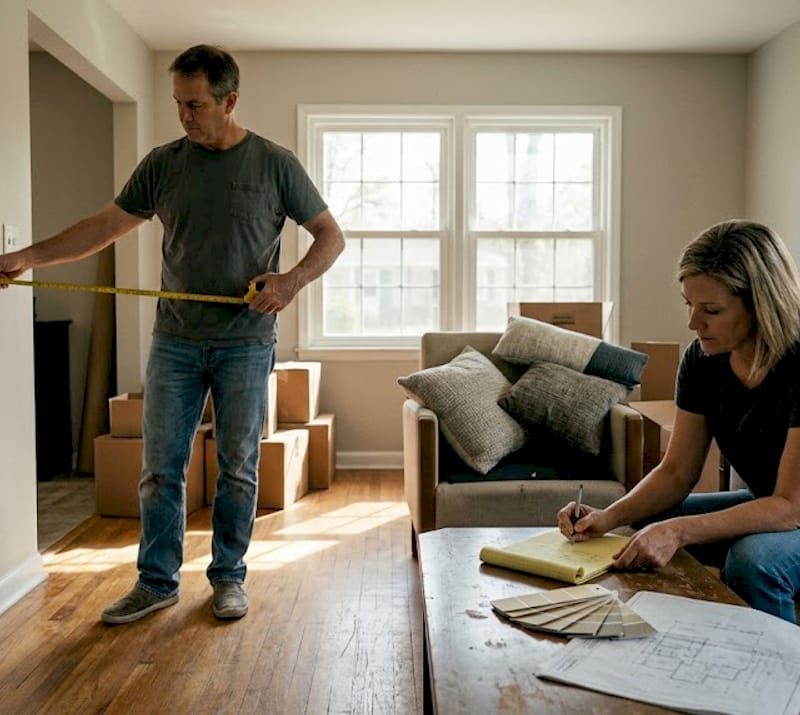 Homeowners planning remodel in lived-in living room