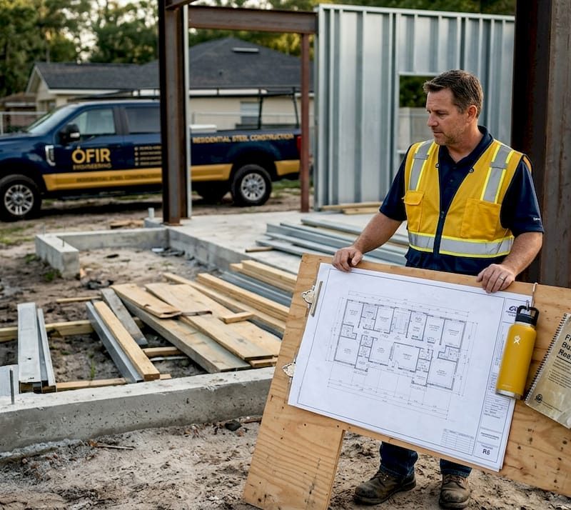 General contractor reviews residential construction blueprints