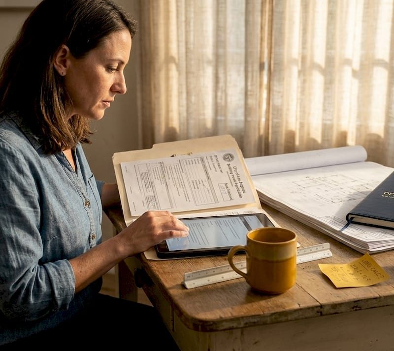 Homeowner reviews renovation permits at dining table