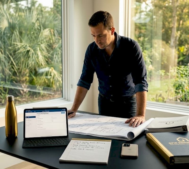 Project manager reviewing blueprints in home office