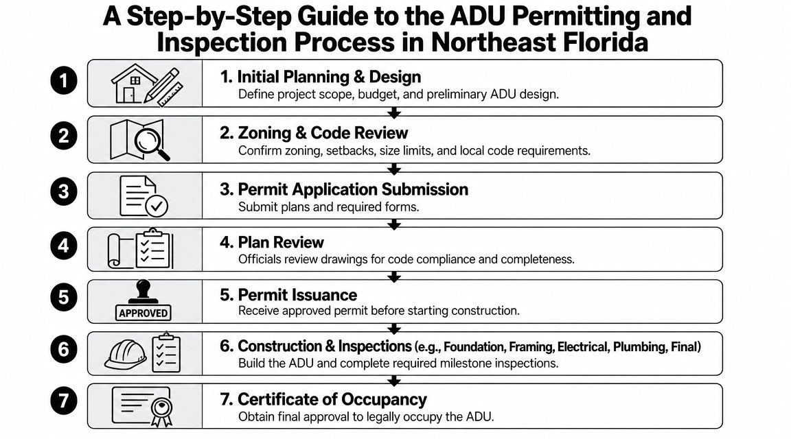 A numbered flowchart outlining the seven-step ADU permitting and construction process in Northeast Florida.
