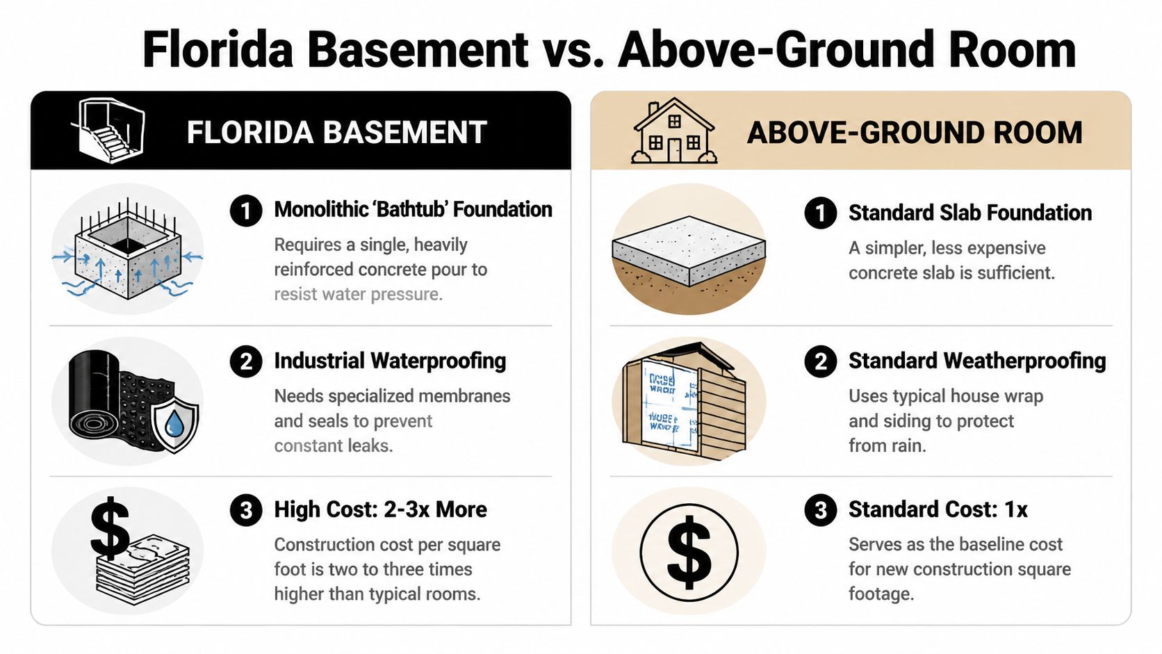 A comparison chart showing the construction and cost differences between Florida basements and above-ground rooms.