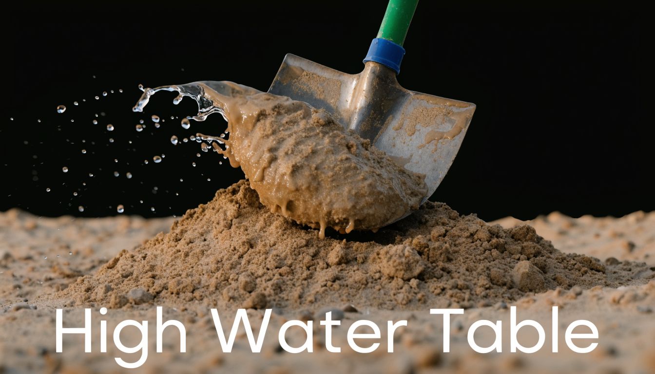 A shovel scoops wet, saturated sand indicating a high water table condition near a construction site.