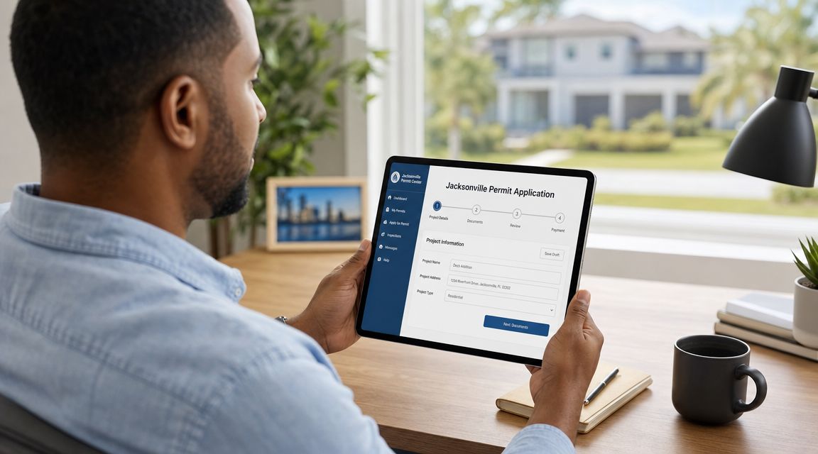 A person using a tablet to fill out a digital building permit application for a home renovation project.