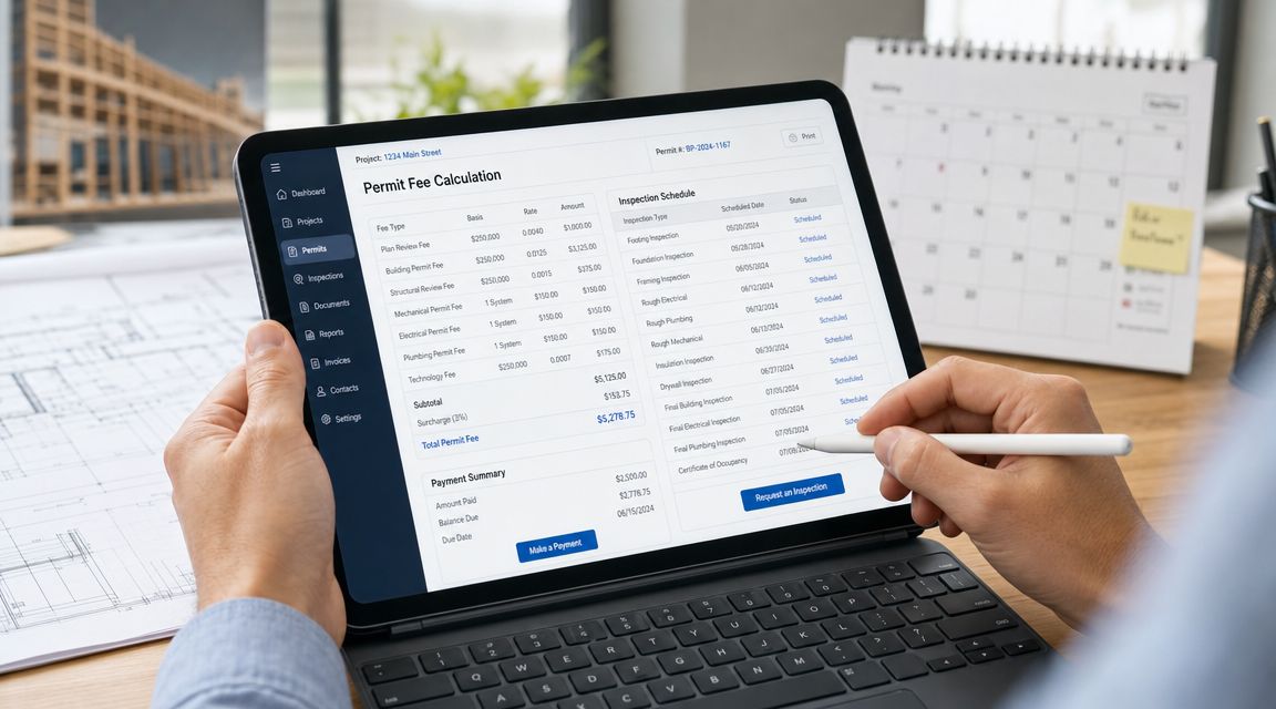 A person using a stylus on a tablet showing a building permit fee calculation and inspection schedule.