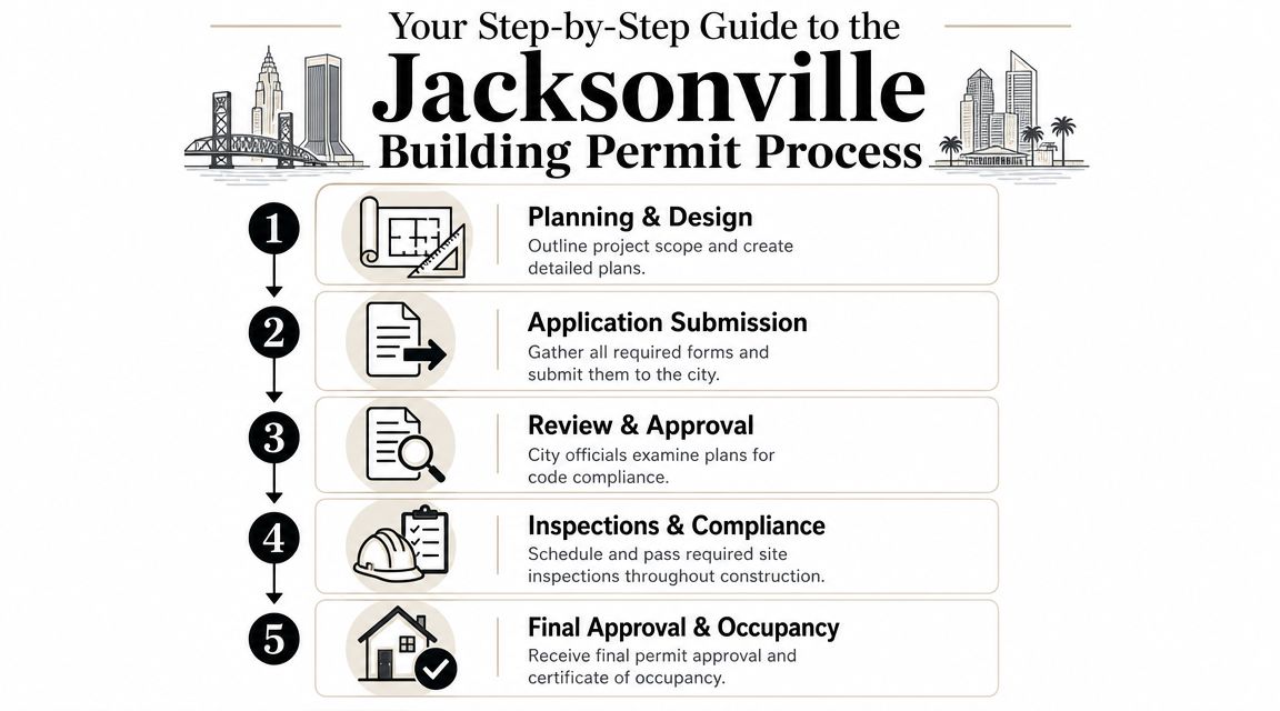 A step-by-step infographic illustrating the five stages of the Jacksonville building permit application process.