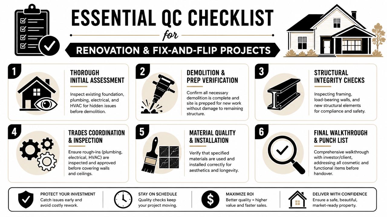 A six-step renovation quality control checklist infographic for real estate investors and construction project managers.