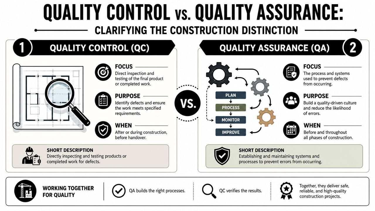 A comparison infographic between Quality Control and Quality Assurance in the construction industry, detailing their roles and processes.