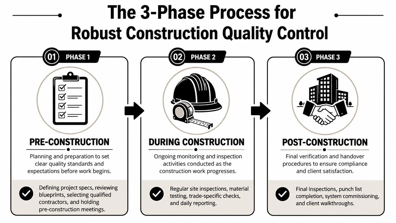 A diagram illustrating the three-phase process for robust construction quality control: pre-construction, during construction, and post-construction.