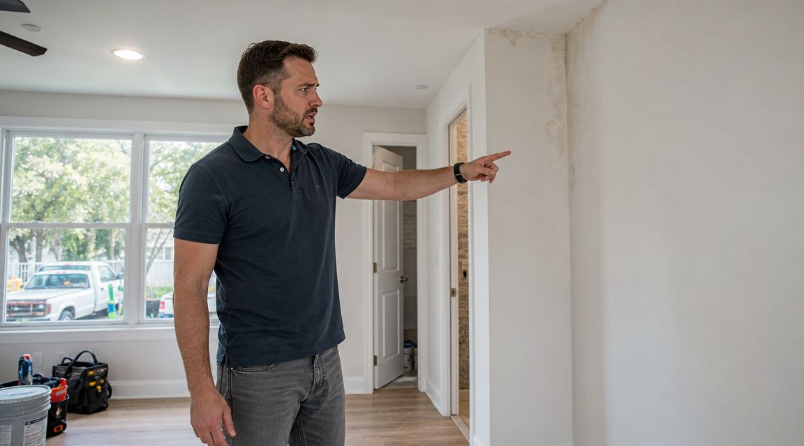 A man pointing at a water stain on a freshly painted wall during a home inspection.