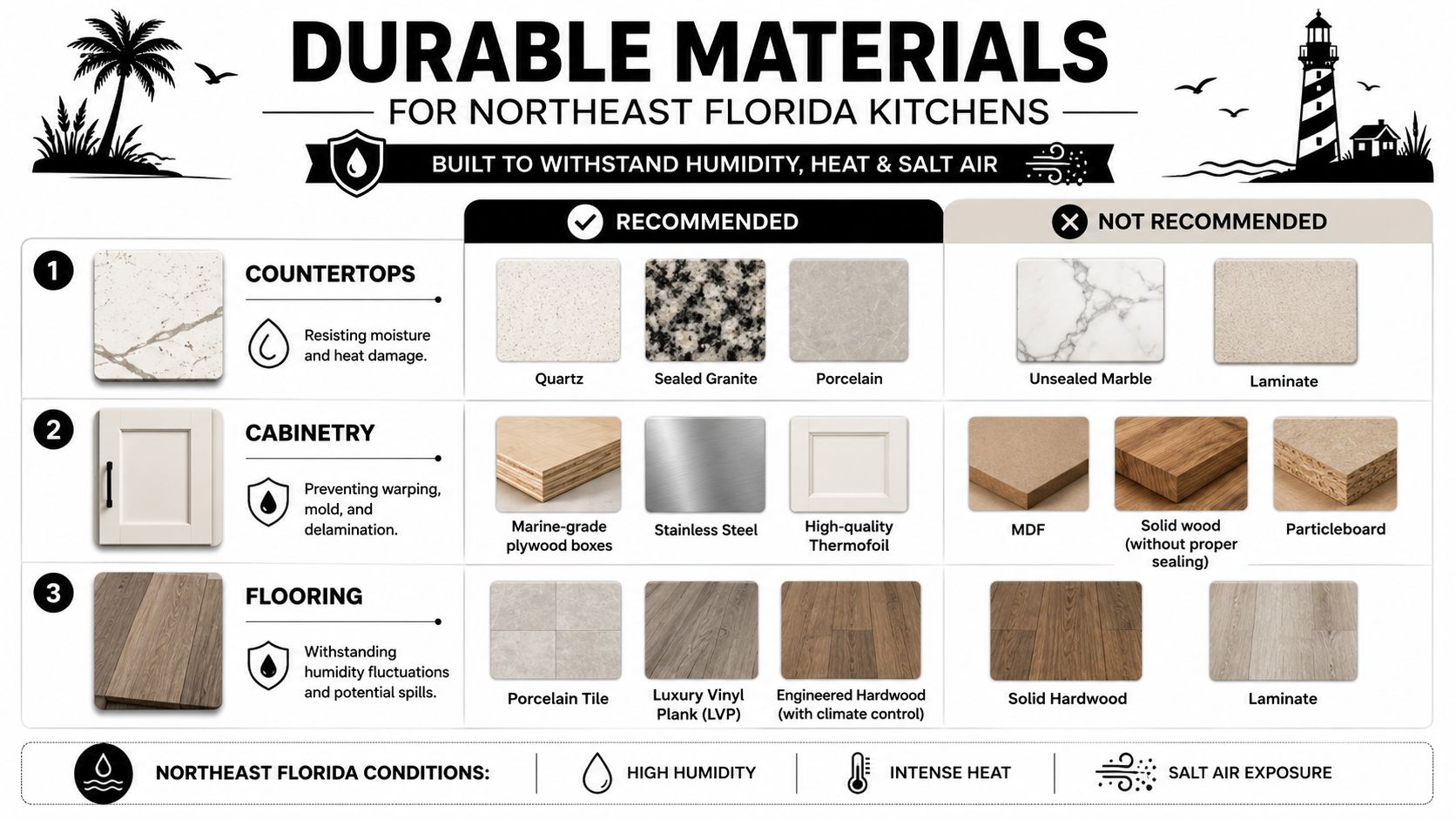 An infographic showing recommended and not recommended durable materials for kitchen countertops, cabinets, and flooring in humid climates.