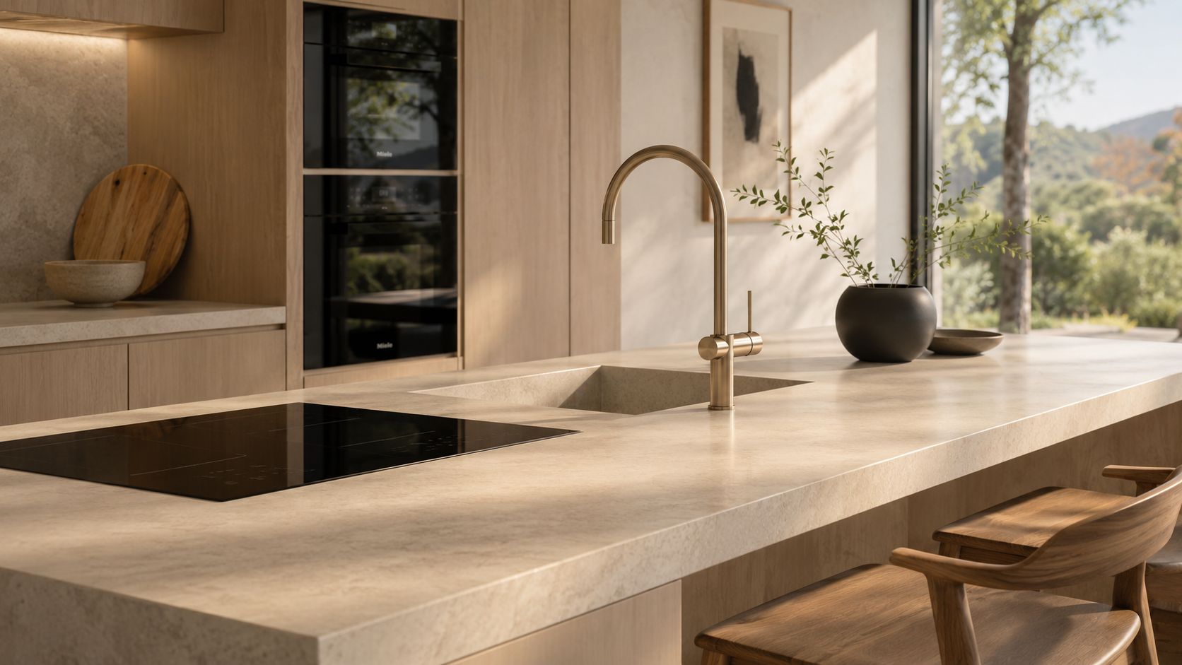 A modern luxury kitchen island with a stone countertop, brass faucet, built-in cooktop, and wooden stools.