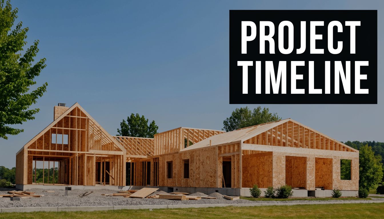 An unfinished wooden house frame under construction in a grassy field with a clear blue sky.
