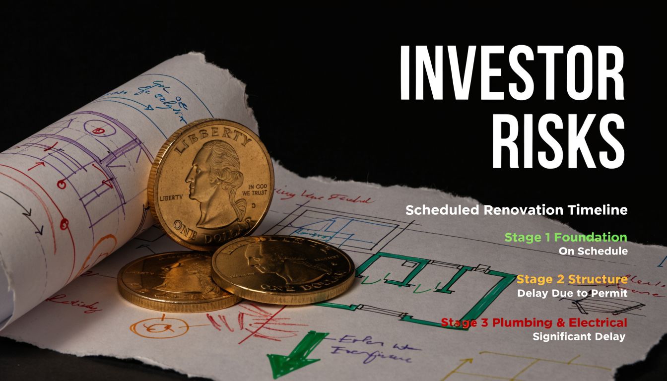 Gold dollar coins placed on architectural blueprints representing investor risks in a home construction timeline.