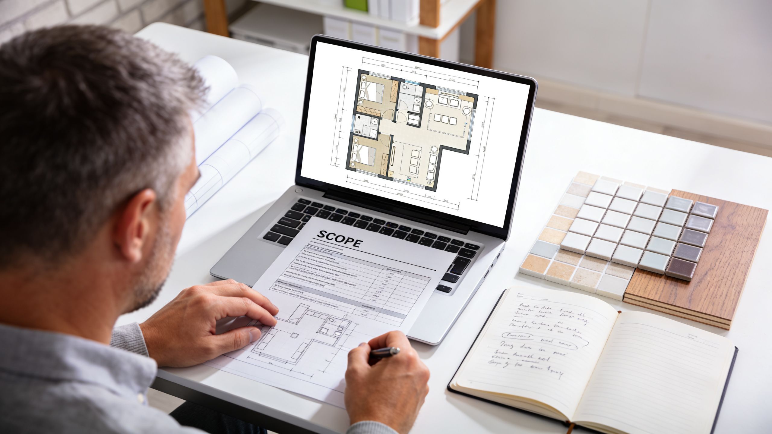 A professional interior designer reviews architectural floor plans and project scopes on a laptop in a workspace.