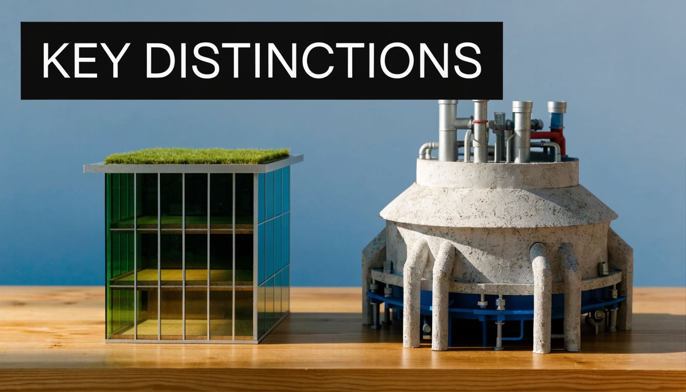A conceptual model featuring a modern green office building alongside an industrial plant on a table.