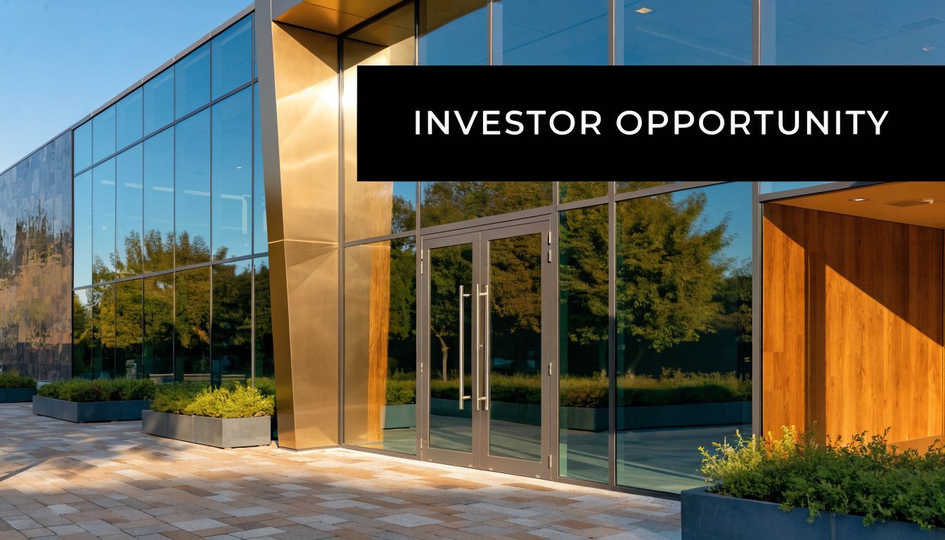 A modern building entrance with large glass windows and an investor opportunity sign above the door.