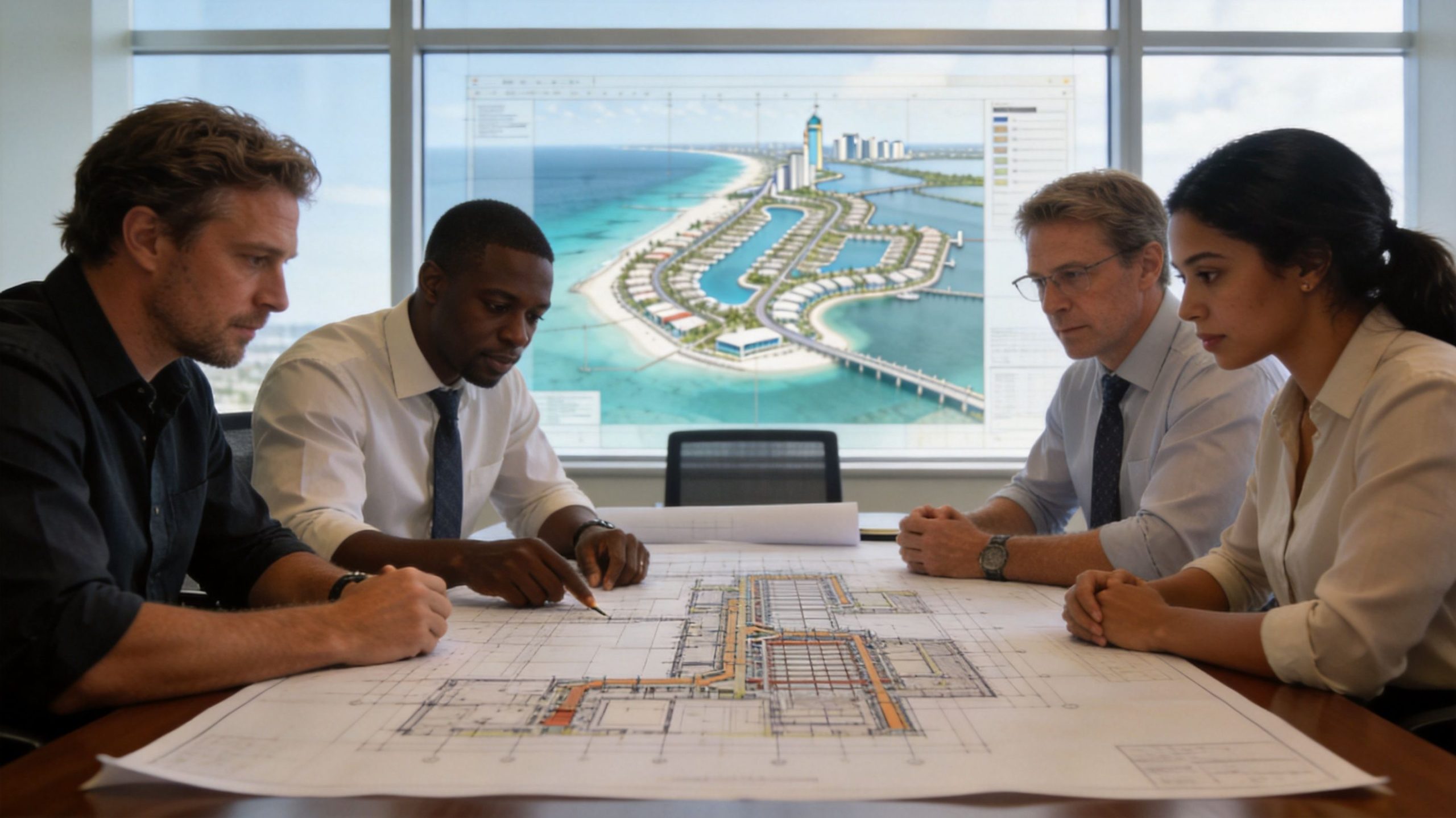 Permit Requirements Florida: Your Essential Guide A diverse group of professionals reviewing architectural blueprints in a brightly lit office meeting room.