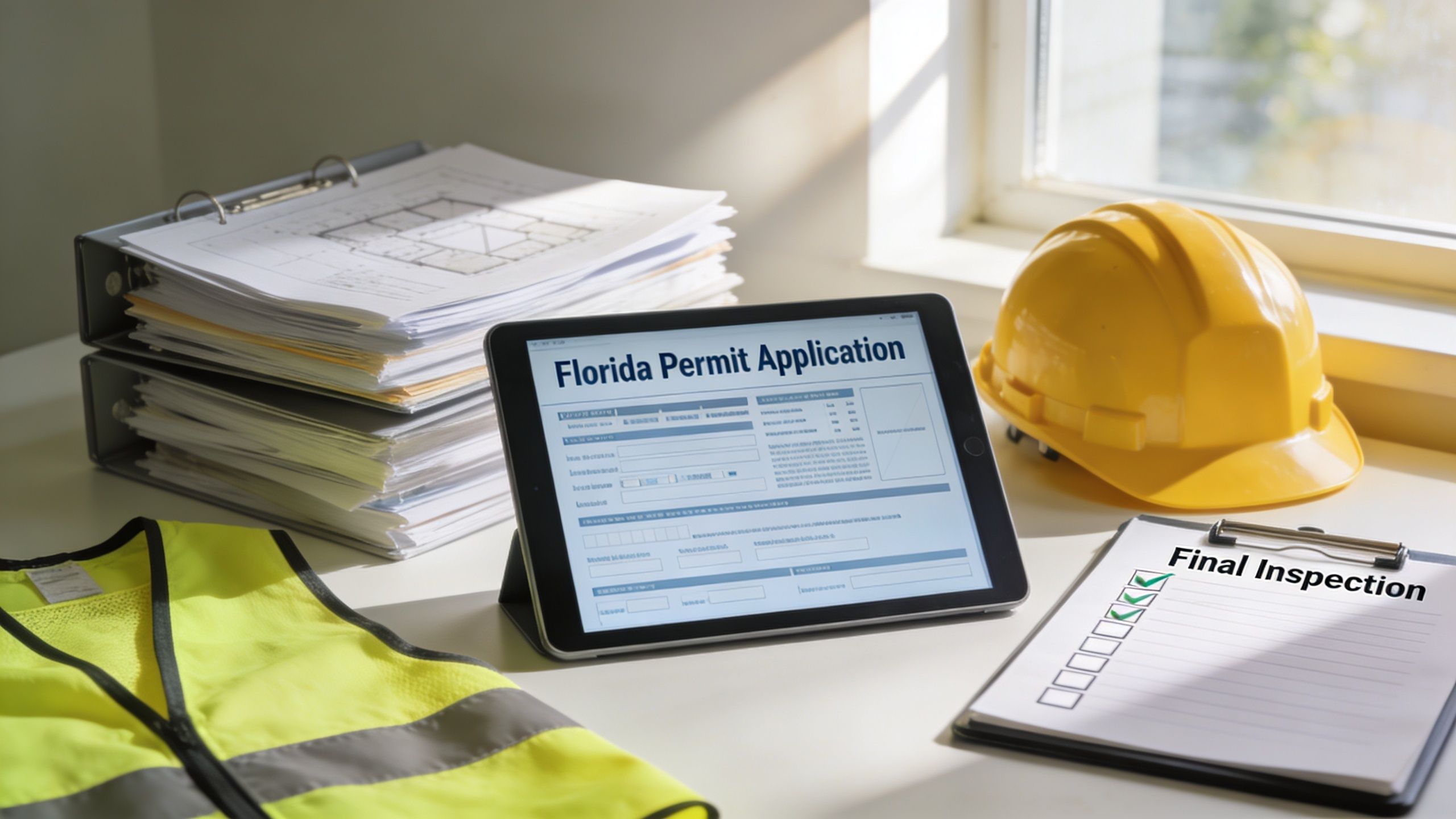 Permit Requirements Florida: Your Essential Guide A digital tablet displaying a Florida permit application form near construction blueprints, a hard hat, and checklist.