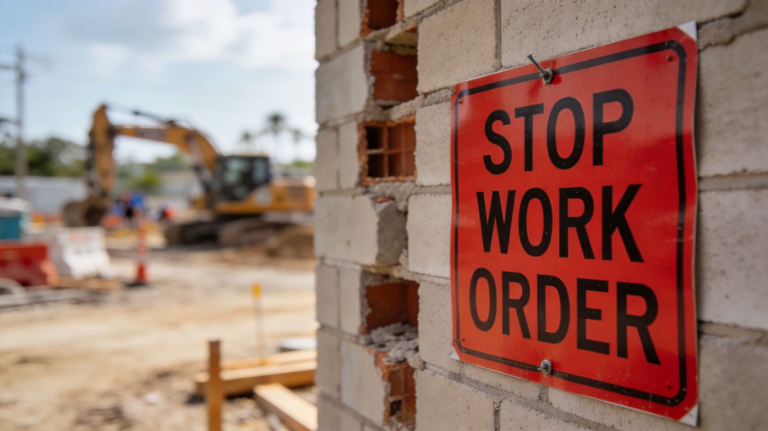 Permit Requirements Florida: Your Essential Guide A red Stop Work Order sign posted on a brick wall at a blurred construction site.