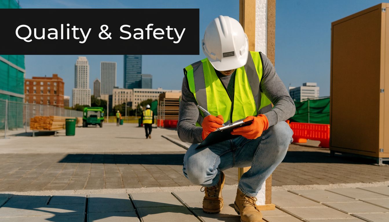 A construction worker in a safety vest and hard hat crouching while inspecting and writing on a clipboard.