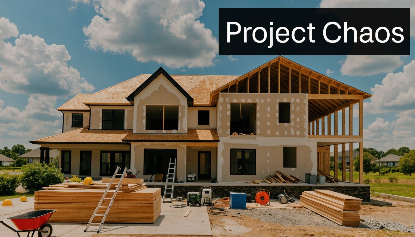 A large residential house under construction with stacks of lumber and various tools on the job site.