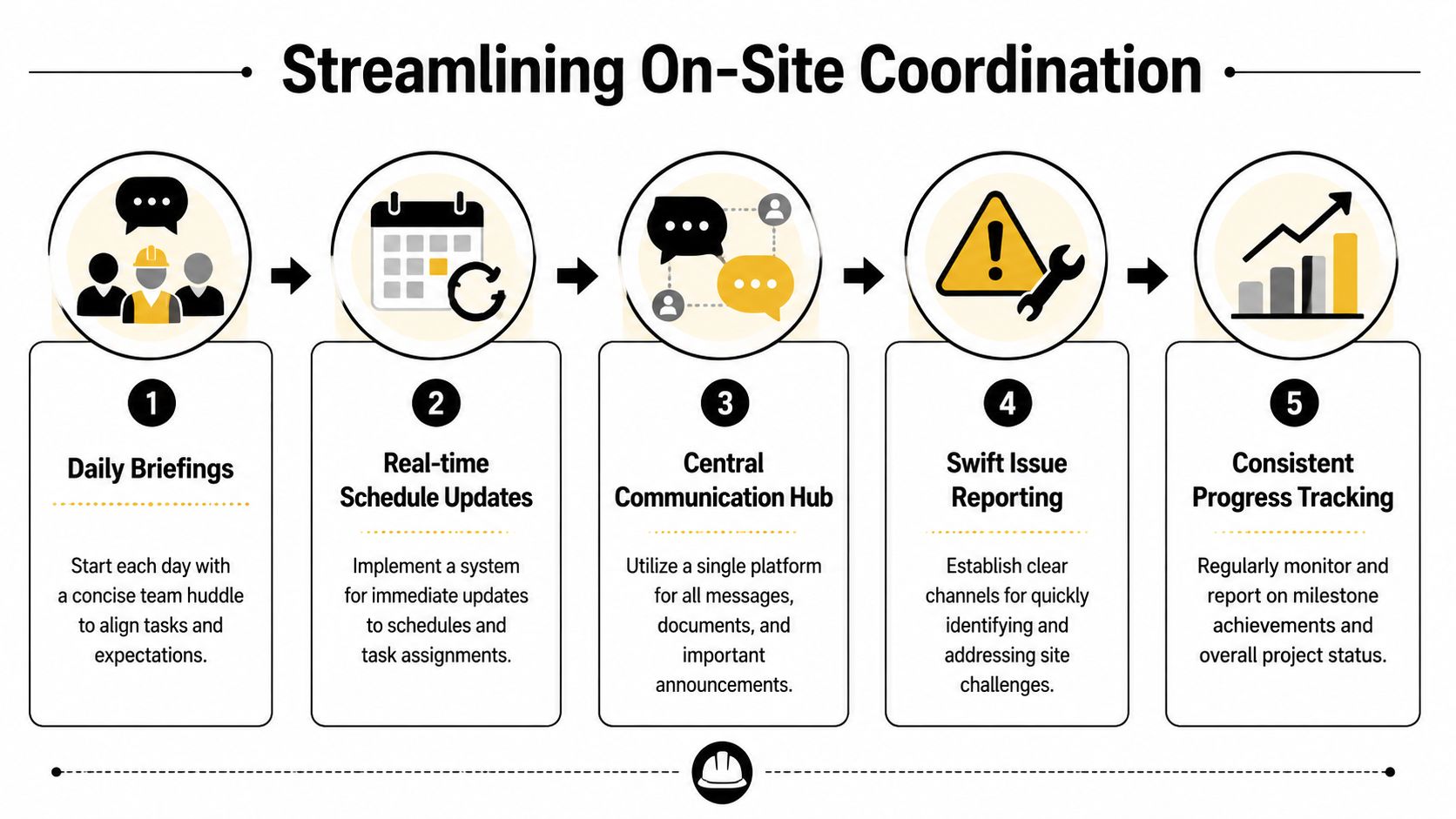 A flowchart showing five key steps for streamlining on-site construction coordination and team project management efficiency.