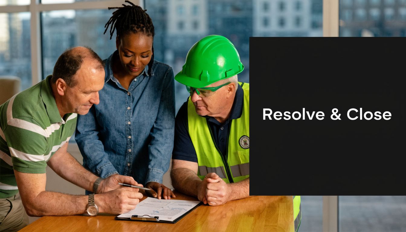 A professional construction team reviews and signs project documents together at an office desk.