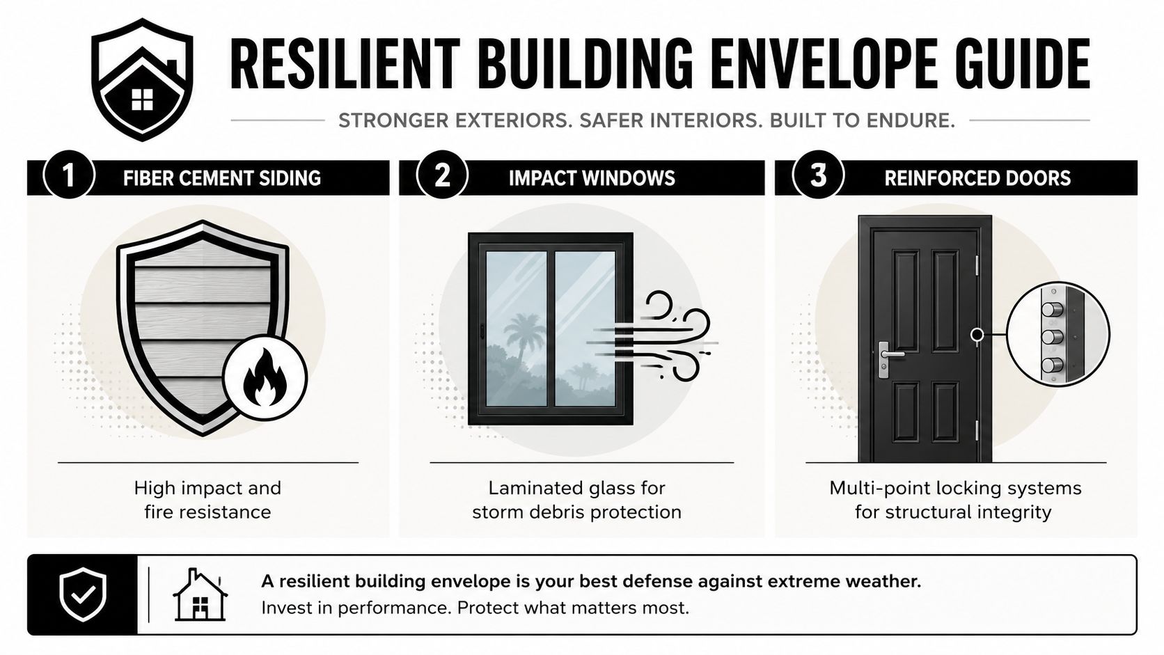 An infographic detailing three key materials for building a resilient exterior envelope against extreme weather conditions.