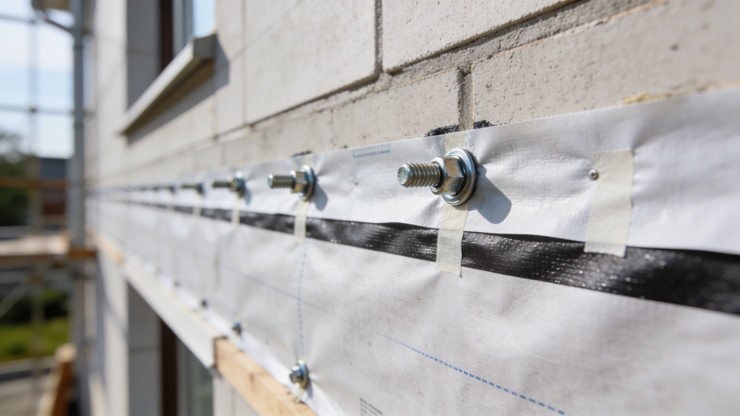 A close-up view of a building facade under construction with weather-resistant barrier tape and steel bolts.