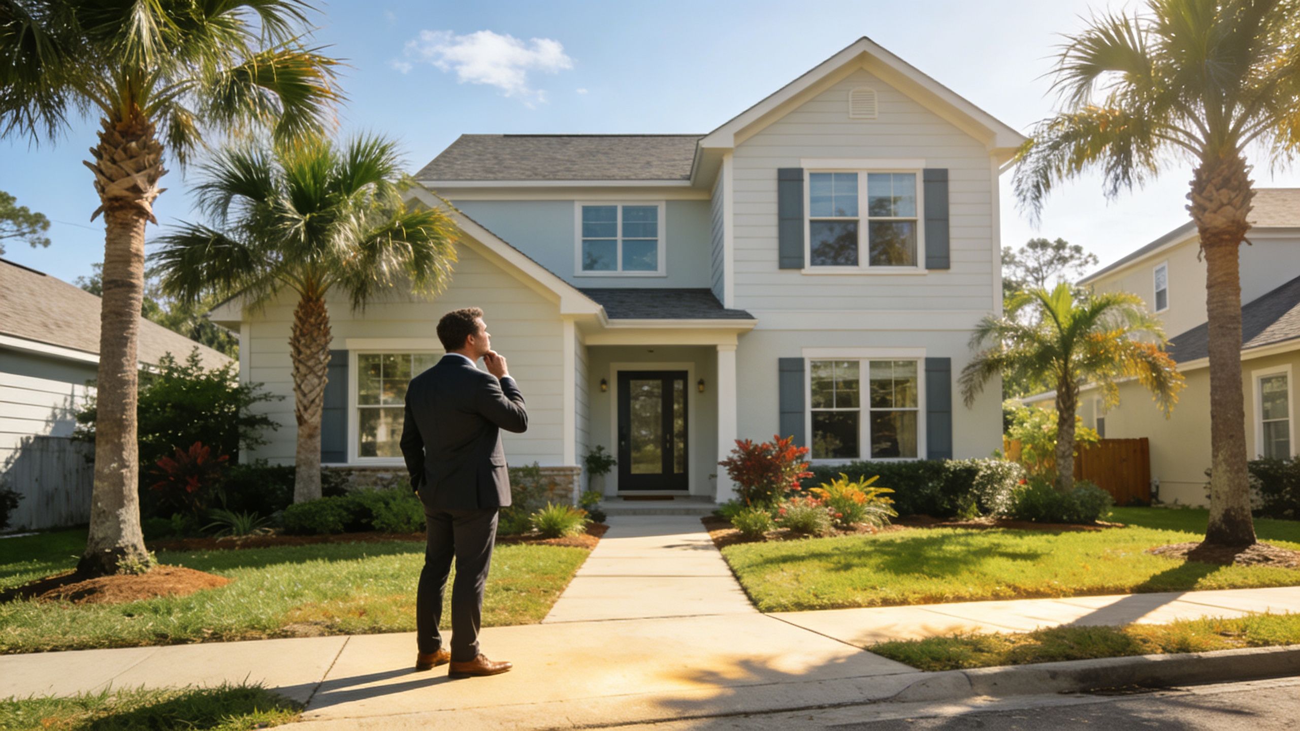 A man in a business suit stands on the sidewalk looking at a large suburban family house.
