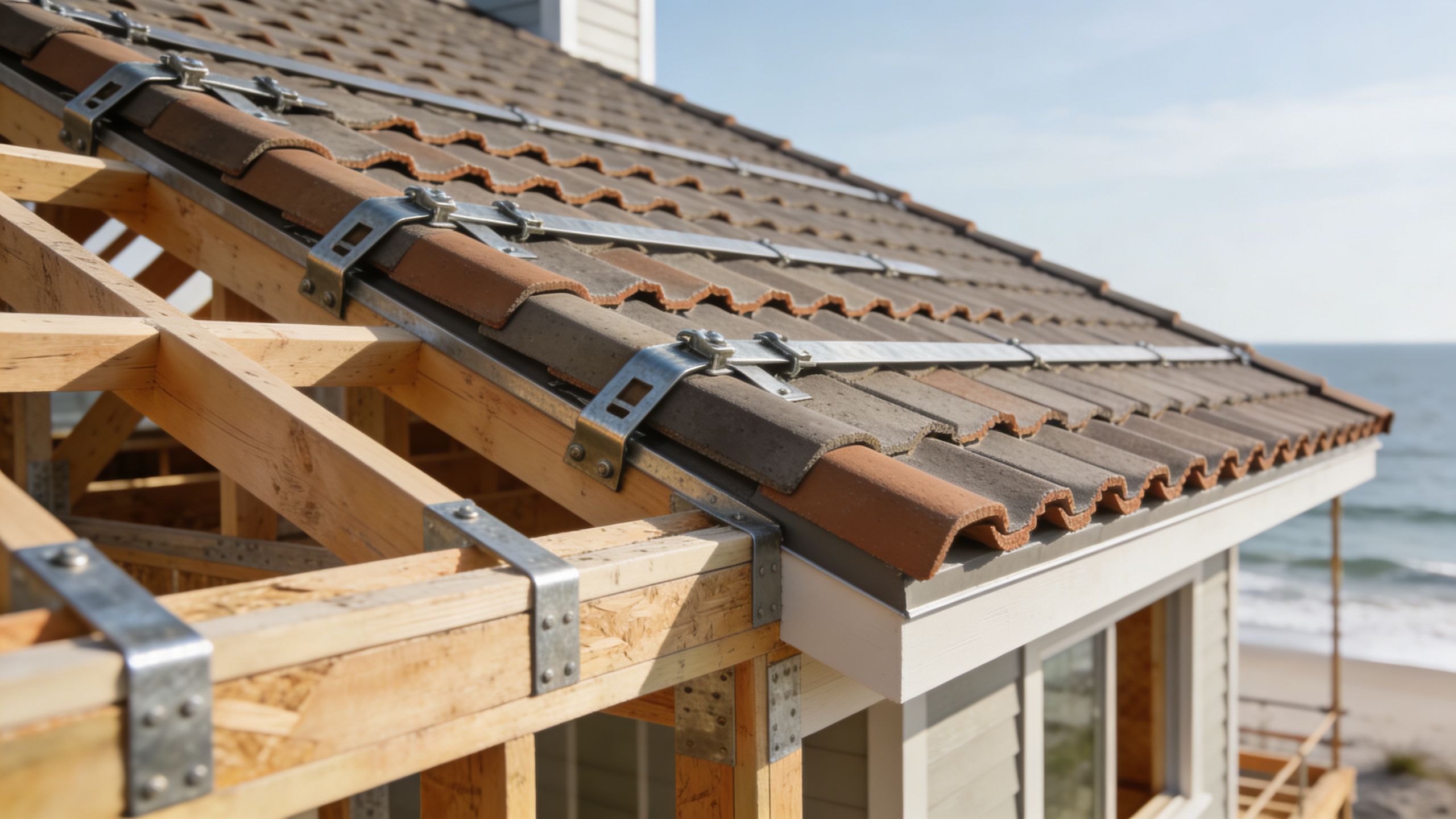 Close up of a residential roof under construction featuring metal hurricane straps securing tiles to wood framing.