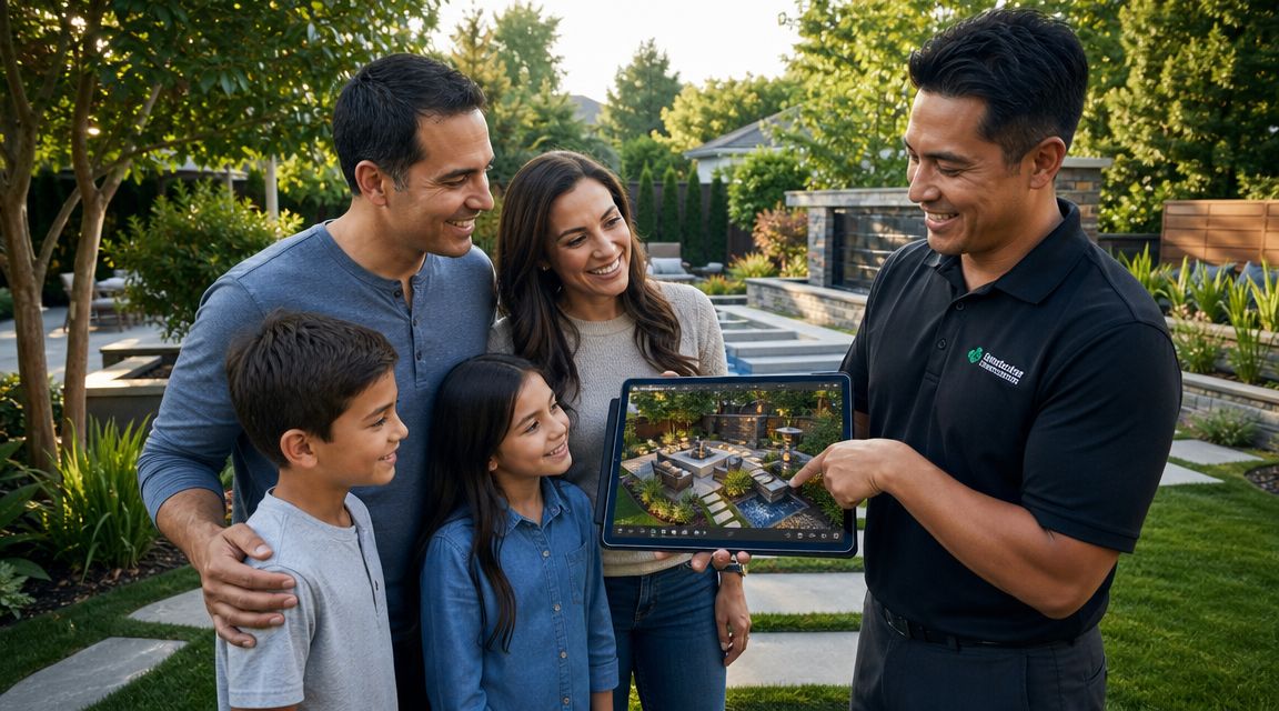 A professional landscaper shows a family a digital design of their future backyard on a tablet.