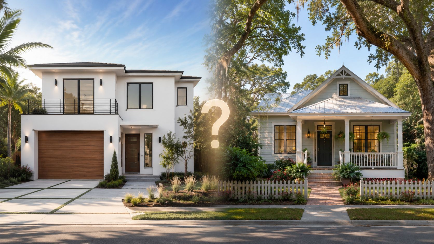 A split image showing a modern contemporary home versus a traditional cottage style home with a question mark.
