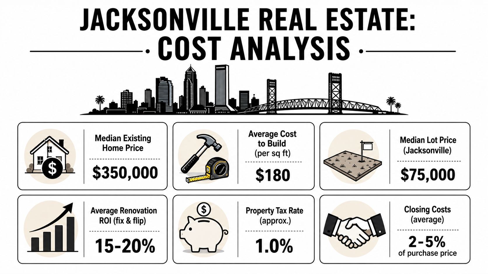 A real estate cost analysis infographic for Jacksonville, Florida, detailing home prices, building costs, and taxes.