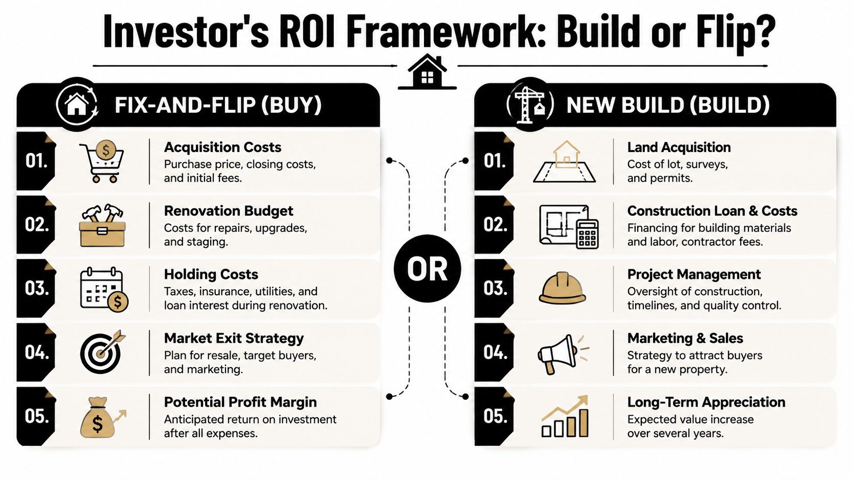 An infographic comparing the ROI frameworks for real estate investors choosing between fixing-and-flipping or new construction projects.