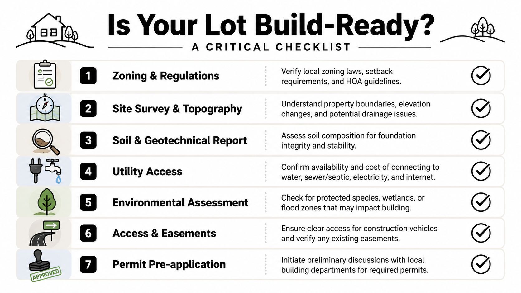 Hire Builders That Build on Your Own Lot: 2026 Guide A seven-step checklist infographic detailing the critical factors to consider before building on a property lot.