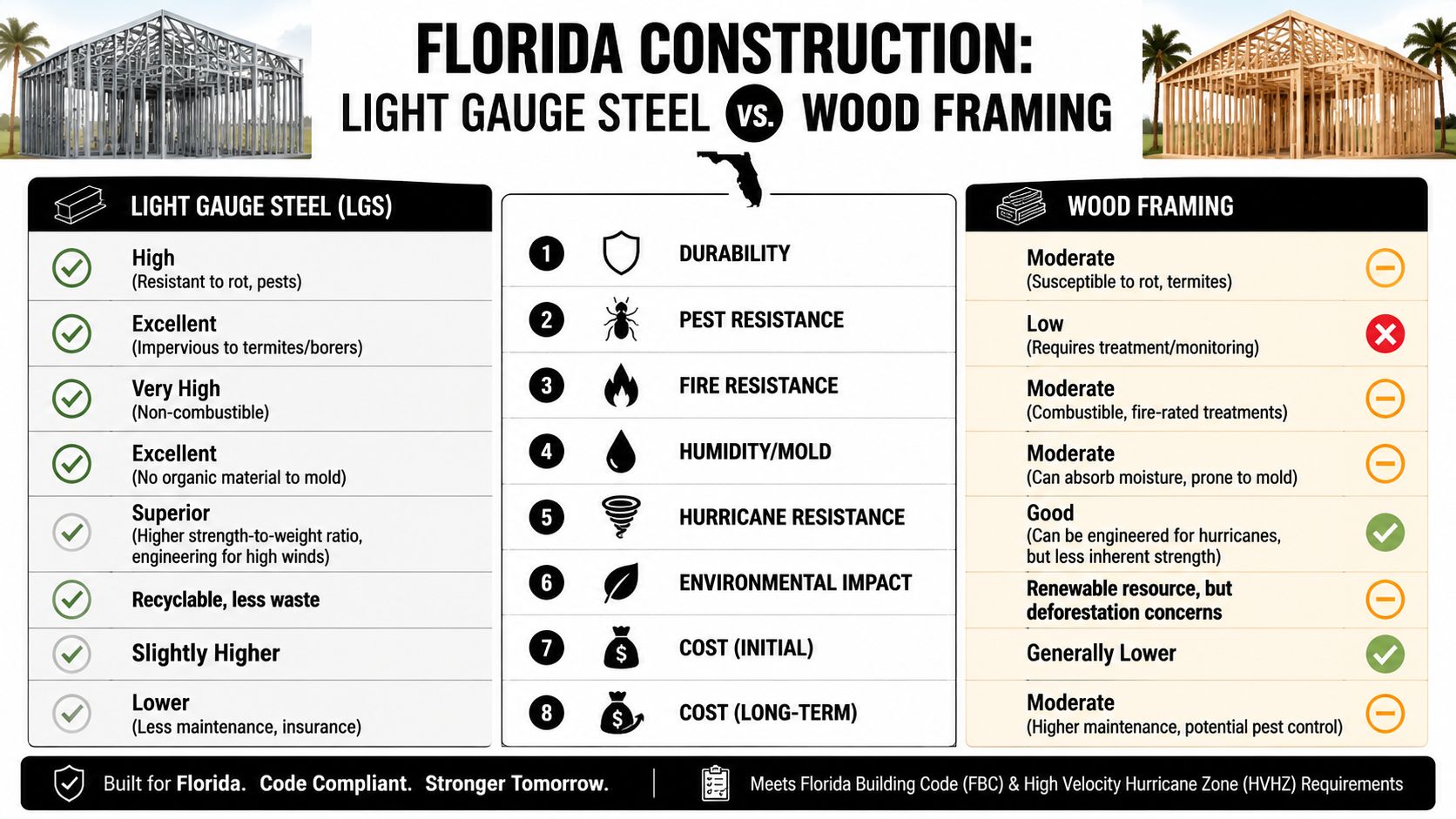 Hire Builders That Build on Your Own Lot: 2026 Guide A comparison chart showing the benefits of light gauge steel versus wood framing for Florida construction projects.