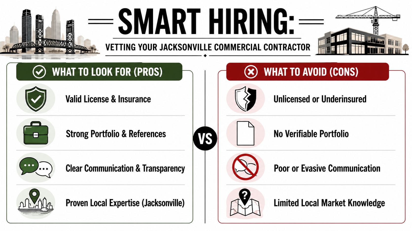 A comparison infographic listing pros and cons for vetting and hiring professional Jacksonville commercial construction contractors.